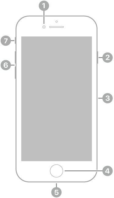 La vue de face de l’iPhone&nbsp;SE (3e&nbsp;génération). La caméra avant se trouve en haut, à gauche du haut-parleur. Sur le côté droit, de haut en bas, se trouvent le bouton latéral et le support pour carte SIM. Le bouton principal est situé en bas au centre. Le connecteur Lightning se trouve sur le bord inférieur. Sur le côté gauche, de bas en haut, se trouvent les boutons de volume et le bouton Sonnerie/Silence.