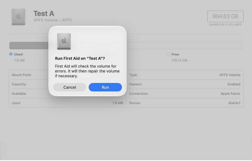 A Disk Utility window showing the First Aid confirmation dialog.