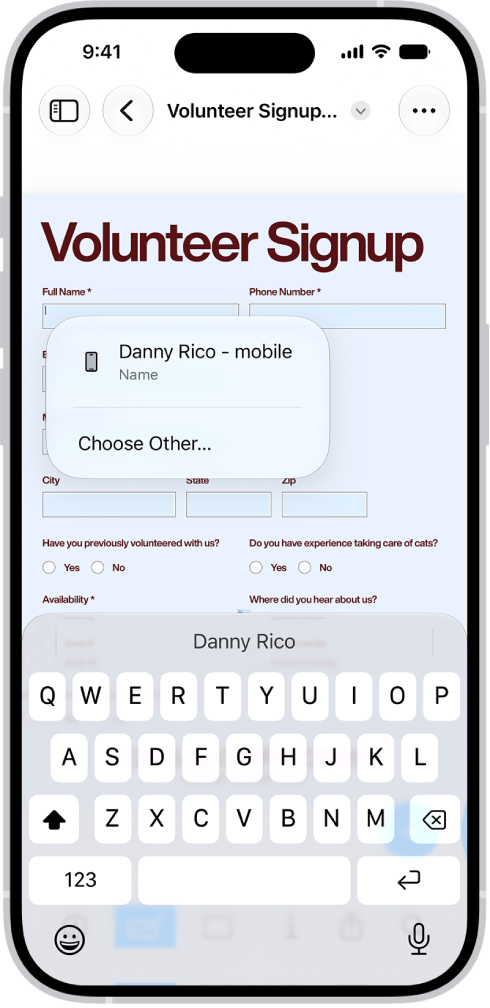 A screen showing a PDF form with fillable fields highlighted. At the bottom of the screen are the Add Annotation, Markup, AutoFill, Crop, Info, Share, and Search buttons. The AutoFill button is selected.