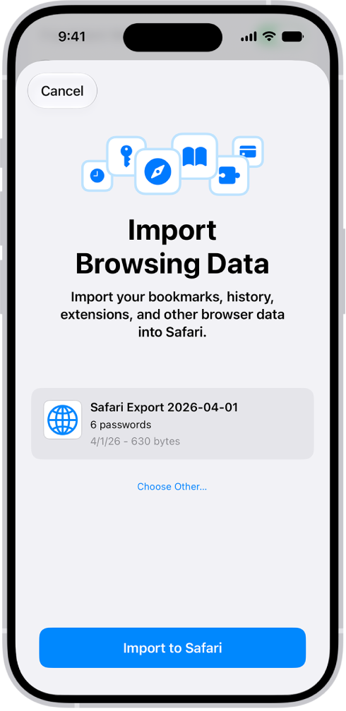 Écran Importer les données de navigation affichant le fichier CSV de mots de passe provenant d’un autre gestionnaire de mots de passe à importer.