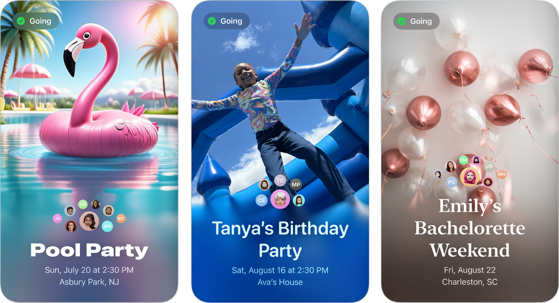 Apple Davetiye’den üç davetiye. Her birinde bir arka plan fotoğrafı, ad, tarih, saat ve konum var.