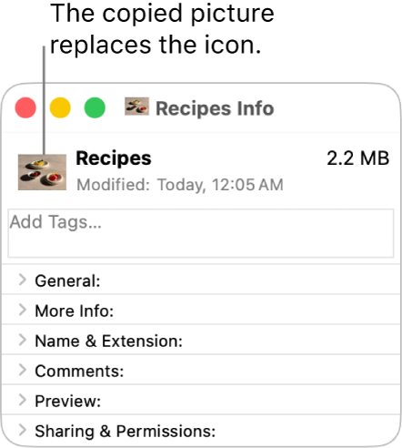The Info window for a folder, showing the generic icon replaced by a picture.