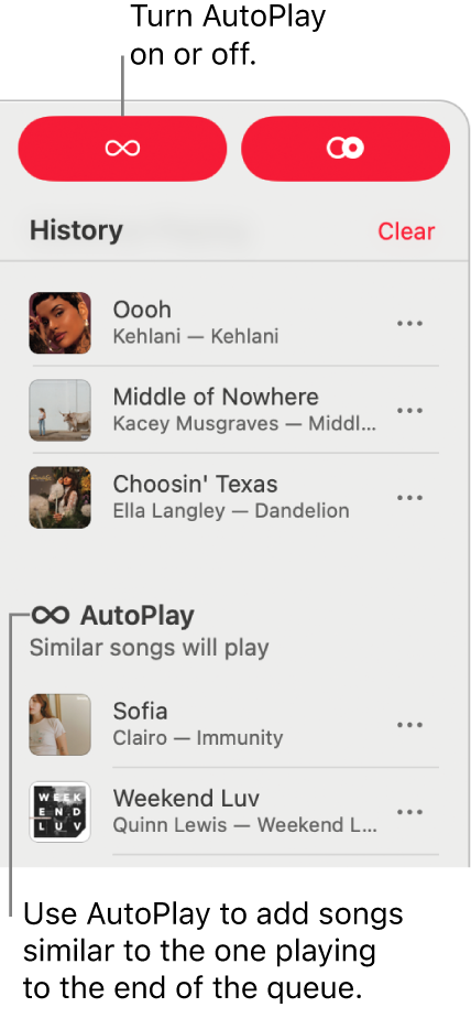 History is visible at the top-right corner of Apple Music. The AutoPlay section is also shown.