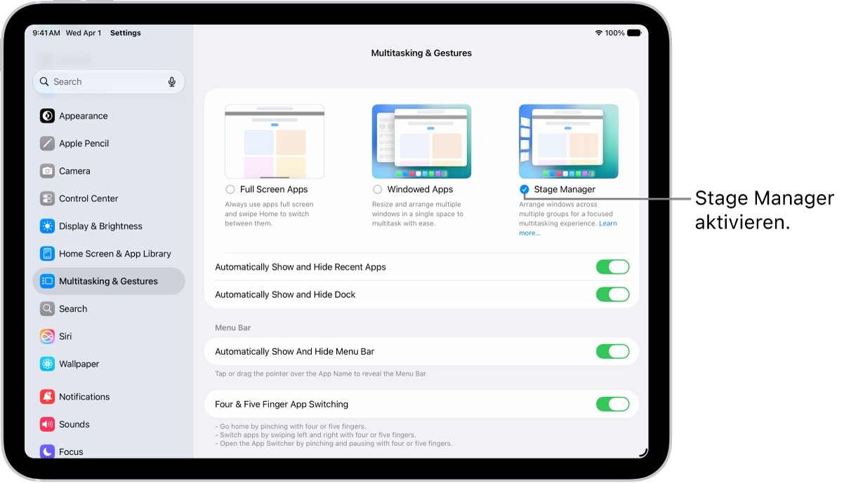 Die iPad-App „Einstellungen“ zeigt die Optionen für „Multitasking&nbsp;& Gesten“, die du für die Arbeit mit mehreren Apps auswählen kannst.