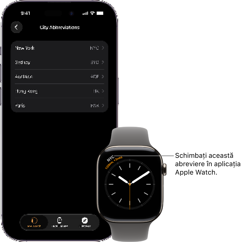 Un iPhone și un Apple&nbsp;Watch, unul lângă altul. Ecranul Apple&nbsp;Watch-ului afișează ora din New York City, utilizând abrevierea NYC. Ecranul iPhone-ului prezintă lista de orașe în configurările Ceas din aplicația Apple&nbsp;Watch.