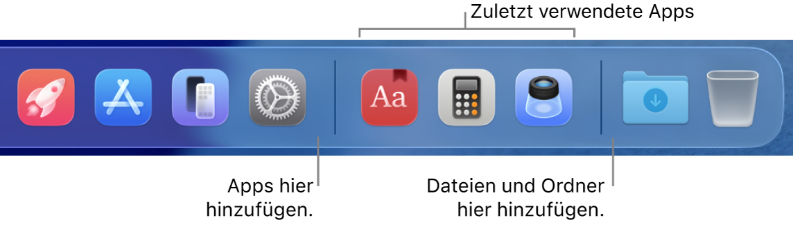 Ein Teil des Docks mit einer Trennlinie zwischen Apps, zuletzt verwendeten Apps sowie Dateien und Ordnern