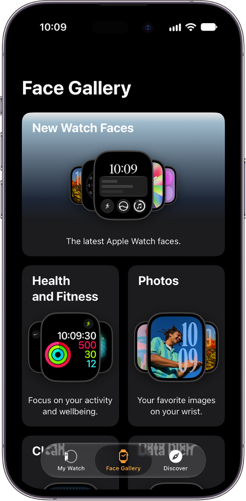 Apple&nbsp;Watch app open to the Face Gallery. The top row shows faces that are new, the next rows show watch faces grouped by type—Health and Fitness, and Photos. You can scroll to see more faces grouped by type.