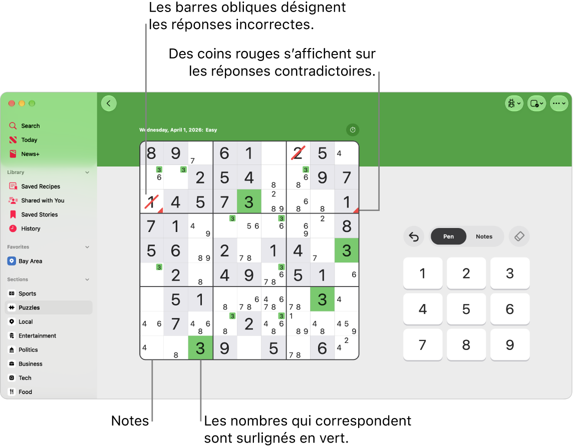 Une grille de sudoku avec plusieurs fonctionnalités activées&nbsp;: Notes, Surligner les chiffres identiques, Afficher les conflits et Validation automatique.