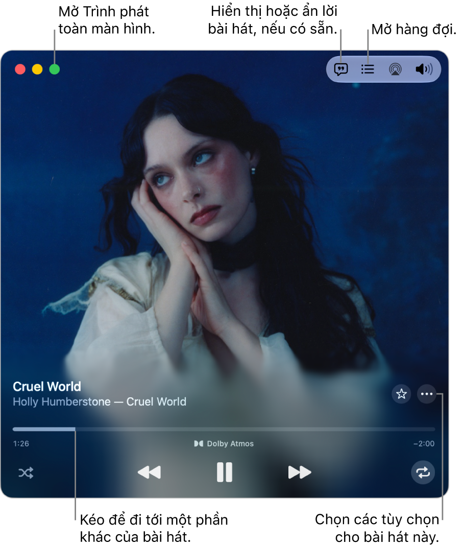 MiniPlayer được mở rộng hiển thị các điều khiển cho bài hát đang phát. Ở góc trên cùng bên trái là các điều khiển cửa sổ được sử dụng để mở và đóng Trình phát toàn màn hình. Phần chính của cửa sổ hiển thị hình minh họa album cho bài hát đang phát. Bên dưới hình minh họa là một thanh trượt để di chuyển đến một phần khác của bài hát. Các nút để điều chỉnh âm lượng, hiển thị lời bài hát và mở hàng đợi nằm ở trên cùng.