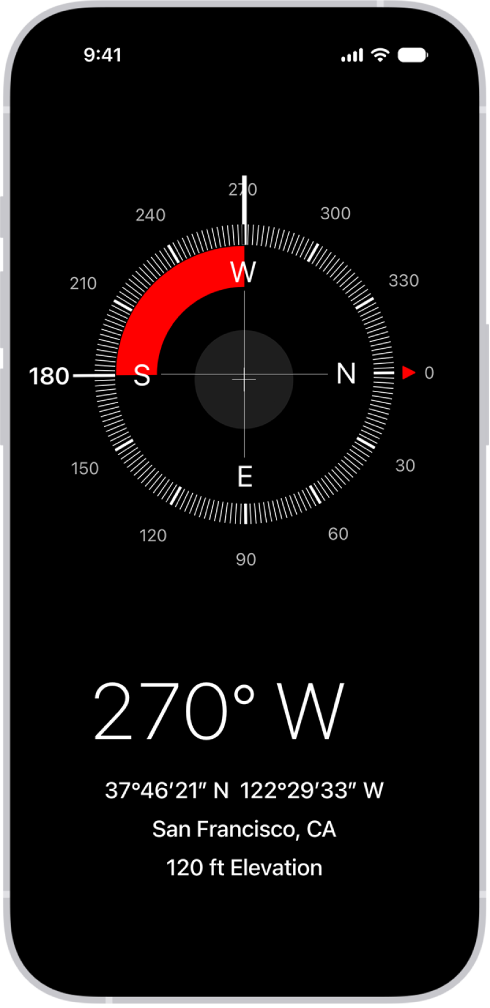The Compass screen showing the direction iPhone is pointing in, the current location, and the elevation.