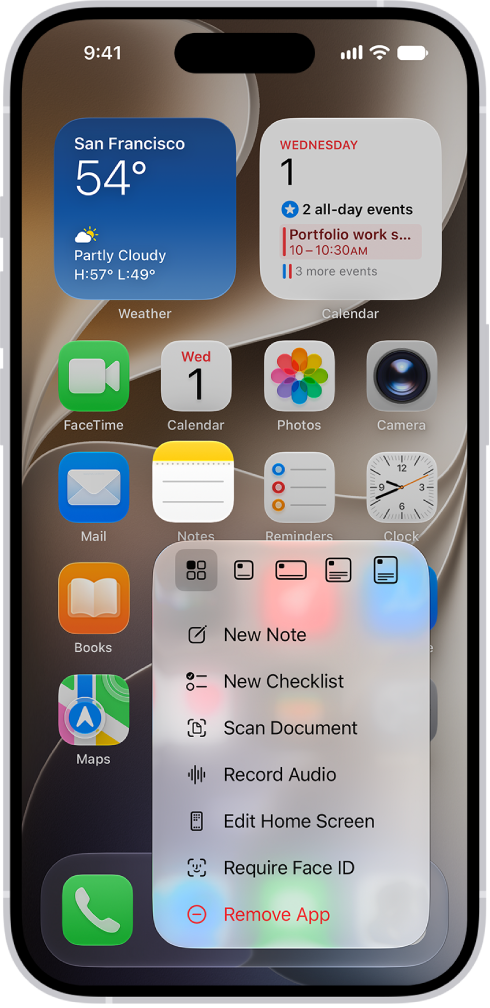 La schermata Home sfocata, con il menu delle azioni rapide della fotocamera visualizzato sotto l’icona dell’app Fotocamera.
