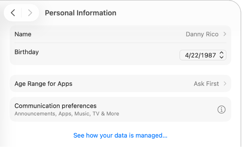 การตั้งค่าข้อมูลส่วนบุคคลสำหรับบัญชี&nbsp;Apple ที่แสดงชื่อ วันเกิด ช่วงอายุสำหรับแอป และการตั้งค่าการสื่อสารสำหรับบัญชีที่มีอยู่