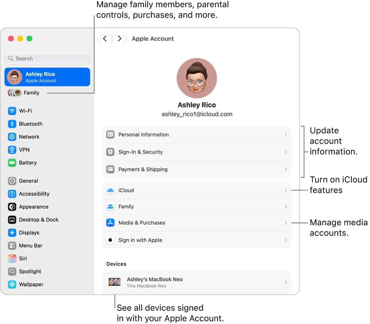 The Apple Account settings in System Settings with callouts to update account information, turn iCloud features on or off, manage media accounts, and adjust Family settings, where you can manage family members, parental controls, purchases, and more.