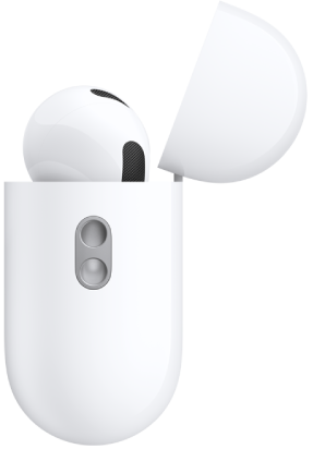 Partea laterală a casetei de încărcare pentru AirPods&nbsp;Pro&nbsp;3, afișând inelul la care se atașează un șnur de transport.