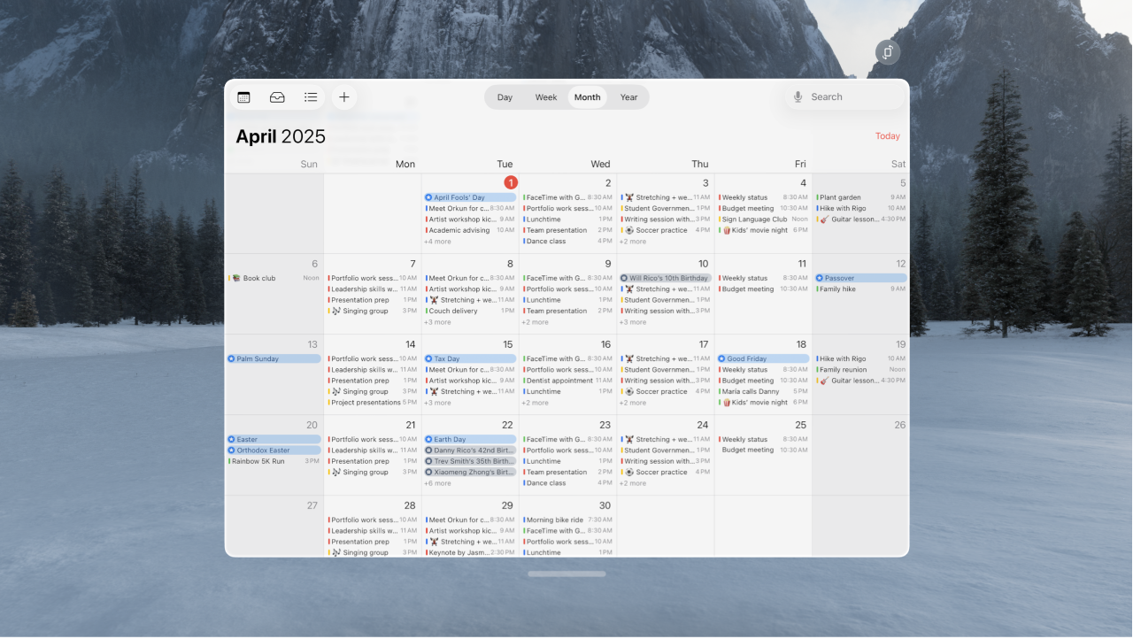The Calendar app on Apple&nbsp;Vision&nbsp;Pro, showing a month of events.