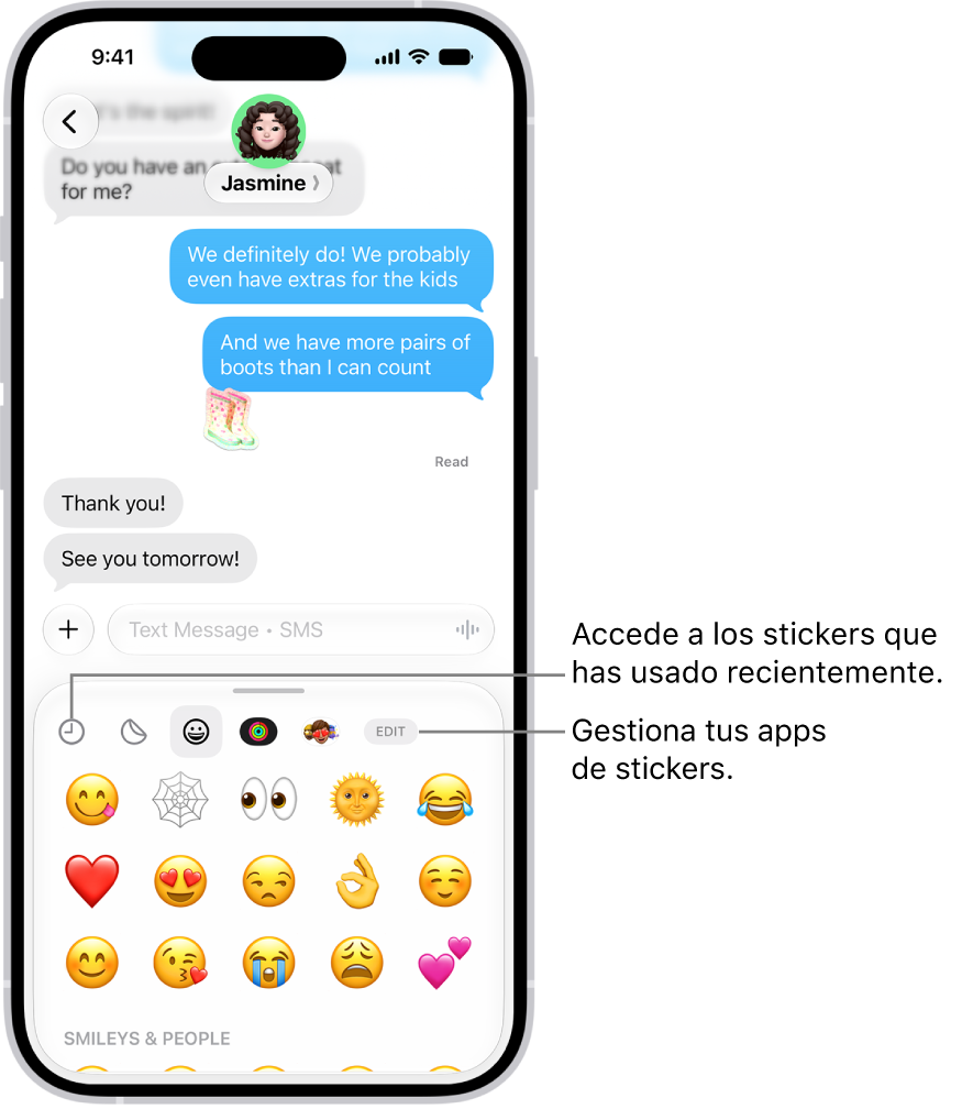 Debajo de una conversación hay stickers. Cada botón situado a lo largo de la parte superior de la tarjeta abre un paquete de stickers.