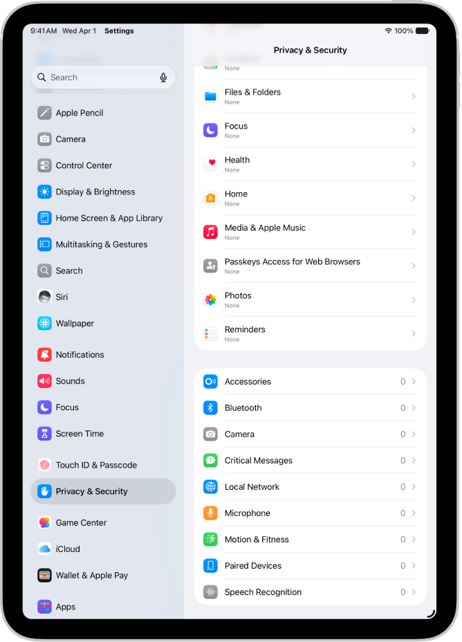 The Privacy & Security screen, with settings to control whether apps can use the camera, microphone, and other parts of your iPad.
