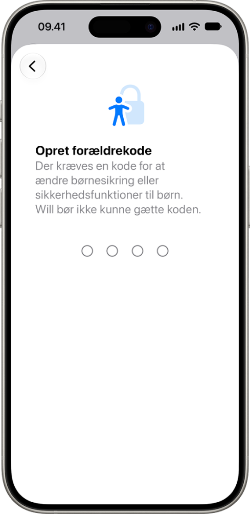 Skærmen til indstilling af børnesikring viser muligheden for at oprette en kode til Skærmtid.