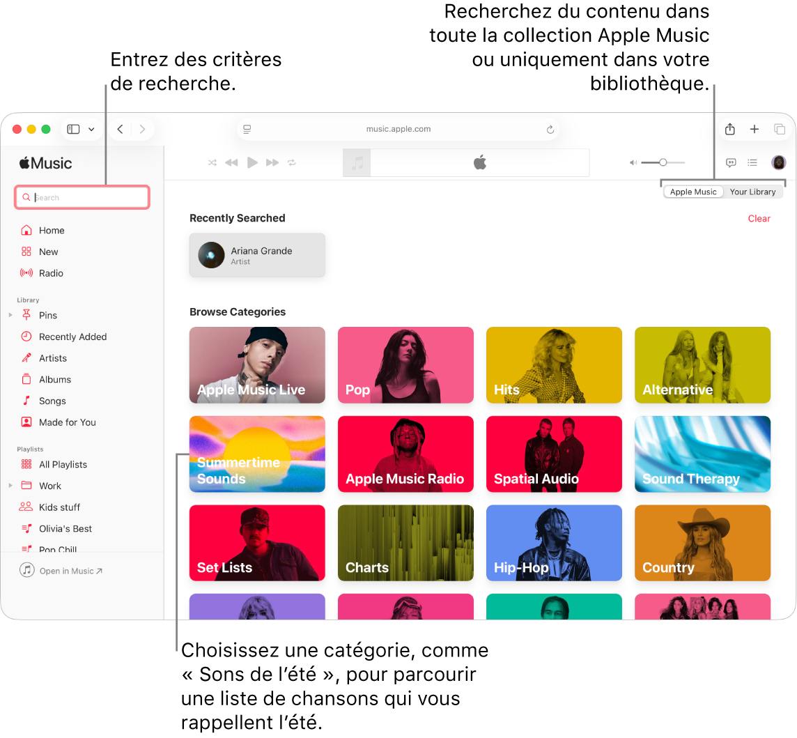 La fenêtre Apple Music, avec le champ de recherche en haut à gauche de la fenêtre, la liste de catégories au centre de la fenêtre et « Apple Music » ou « Votre bibliothèque » disponibles en haut à droite de la fenêtre. Entrez des critères de recherche dans le champ de recherche, puis choisissez d’effectuer la recherche dans tout Apple Music ou seulement dans votre bibliothèque. Vous pouvez également, si vous le voulez, choisir une catégorie, telle que Sons de l’été, pour parcourir une liste de chansons qui évoquent l’été.