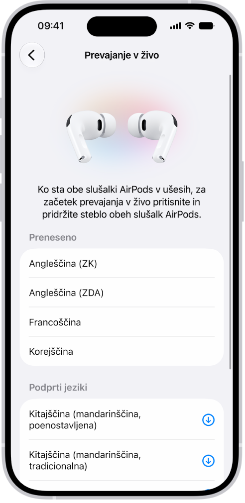 Zaslon Jeziki v nastavitvah prevajalnika s slušalkami AirPods, ki prikazuje seznam prenesenih in podprtih jezikov.