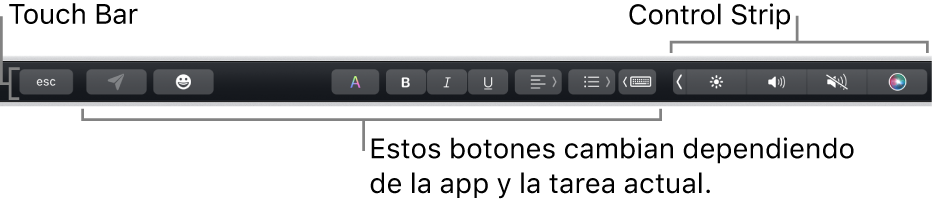 Touch&nbsp;Bar en la parte superior del teclado, mostrando la Control Strip contraída a la derecha y botones que varían según la app o tarea.