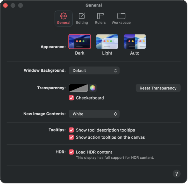 The General settings pane.