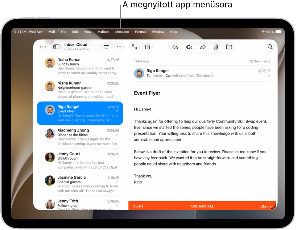 A Mail app egy iPad képernyőjén. A képernyő tetején a menüsor látható.