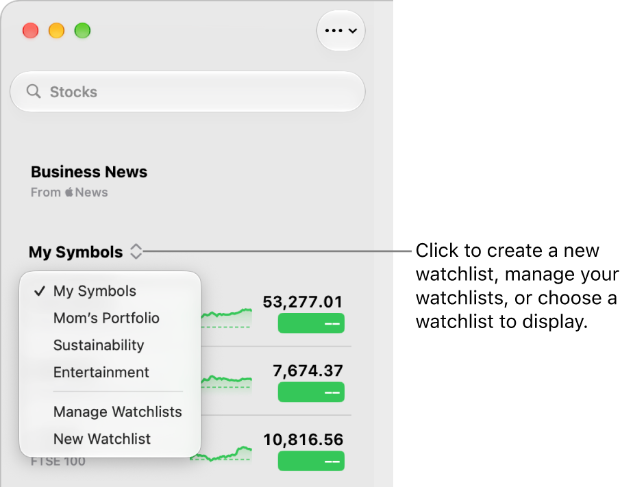 A Stocks window showing the search field, the current watchlist, and the watchlist menu.
