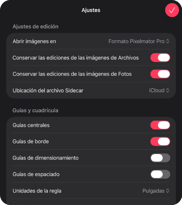 Cuadro de diálogo de ajustes de la app Pixelmator&nbsp;Pro.