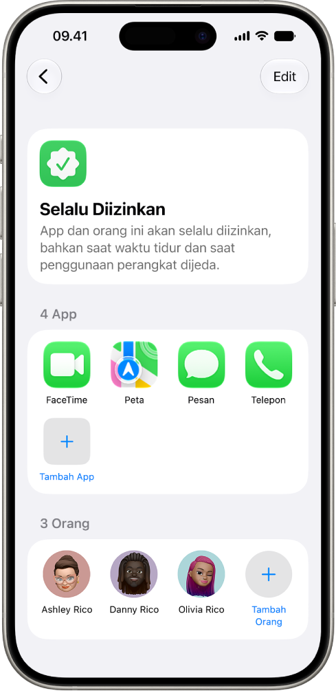 Layar Selalu Diizinkan di pengaturan Durasi Layar yang menampilkan app dan kontak yang selalu diizinkan.