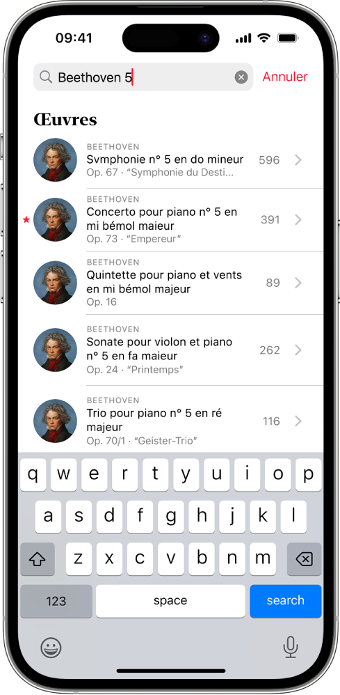 Un iPhone affichant l’onglet Rechercher dans Apple Music Classical. Le champ de recherche se trouve en haut de l’écran, avec une liste de résultats en dessous.