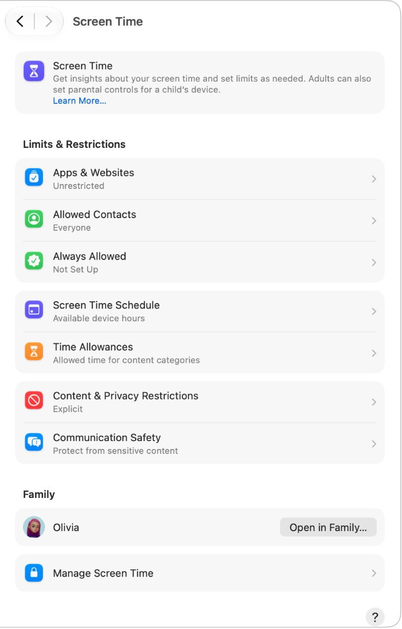 The Screen Time settings pane showing features like Time Allowances, Screen Time Schedule, and Always Allowed.