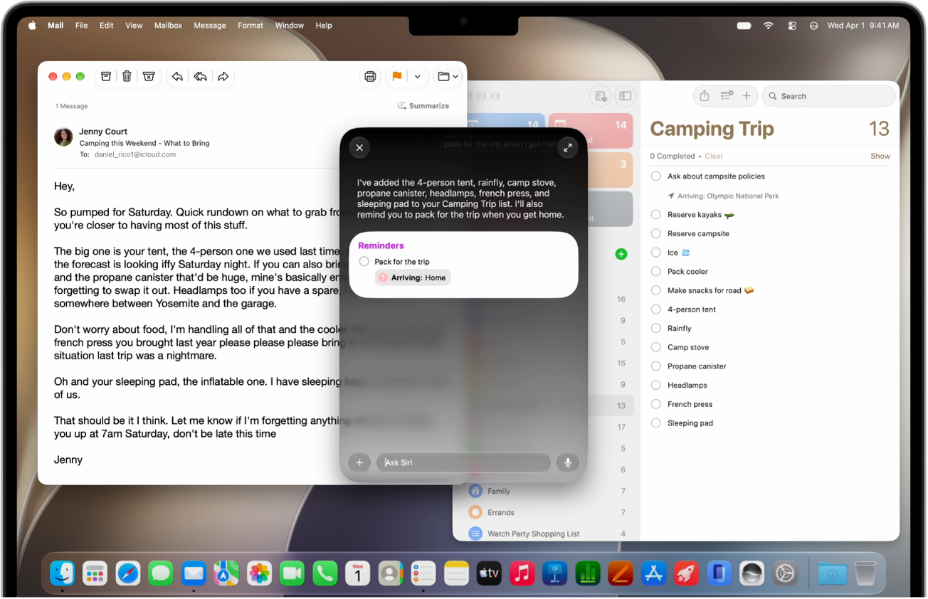 A Mac screen showing a Mail message, a Reminders list called Camping Trip, and a Siri app window with a new reminder.