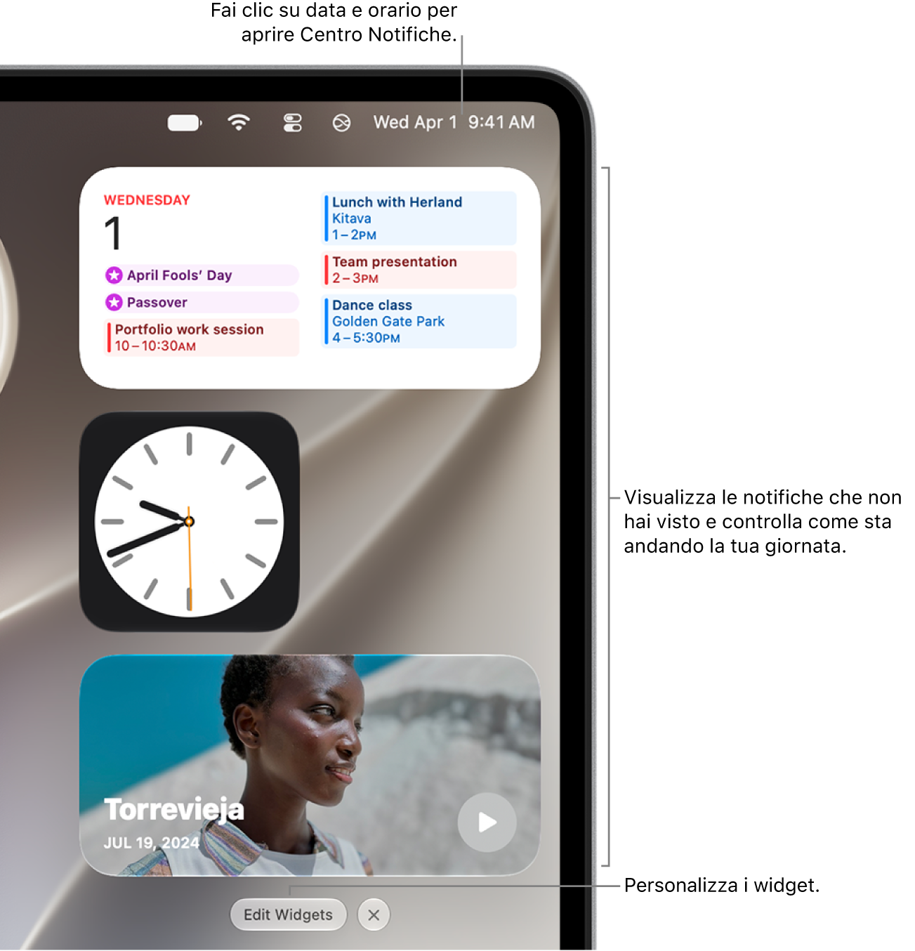 Centro Notifiche con i widget di Calendario, Orologio e Foto.