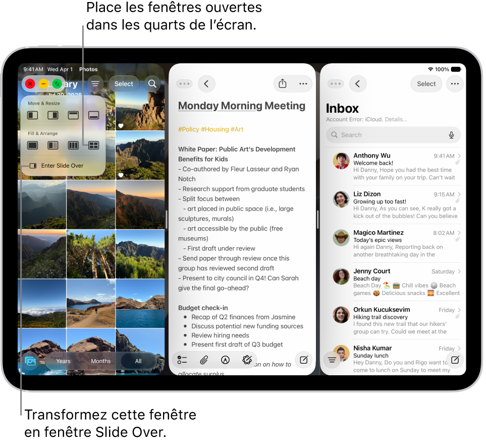 L’écran d’un iPad avec quatre apps ouvertes et une disposition de fenêtres sélectionnée qui les place dans chaque quart de l’écran.