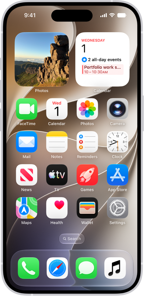 The Home Screen with several app icons, including the Settings app icon, which you can tap to change your iPhone sound volume, screen brightness, and more.