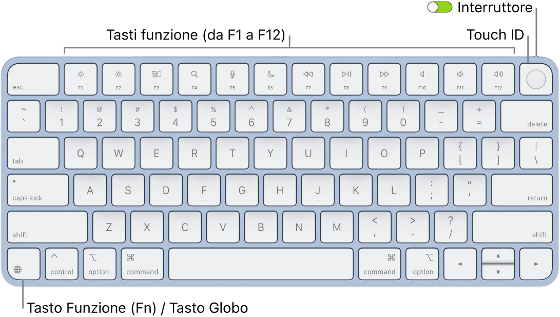 La tastiera Magic&nbsp;Keyboard con Touch ID che mostra i tasti funzione e Touch ID in alto e il tasto Funzione (Fn)/Globo nell'angolo in basso a sinistra.