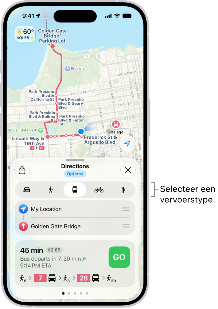 Een kaart waarop verschillende autoroutes tussen twee locaties te zien zijn. Er zijn knoppen om een ander vervoerstype te kiezen, het vertrekpunt en de bestemming om te keren en de routebeschrijving als stappen te bekijken.