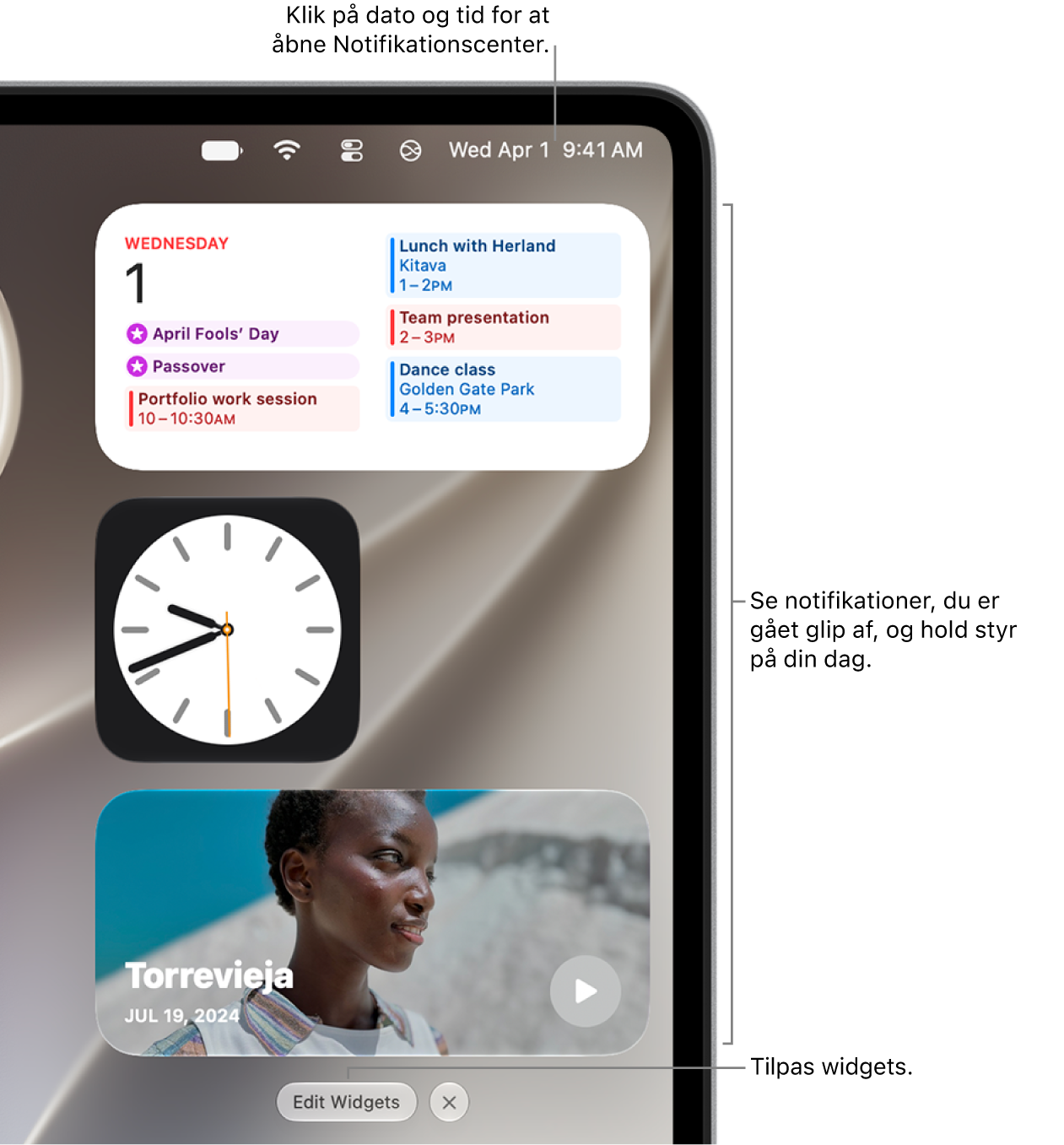 Notifikationer og widgets i Notifikationscenter.