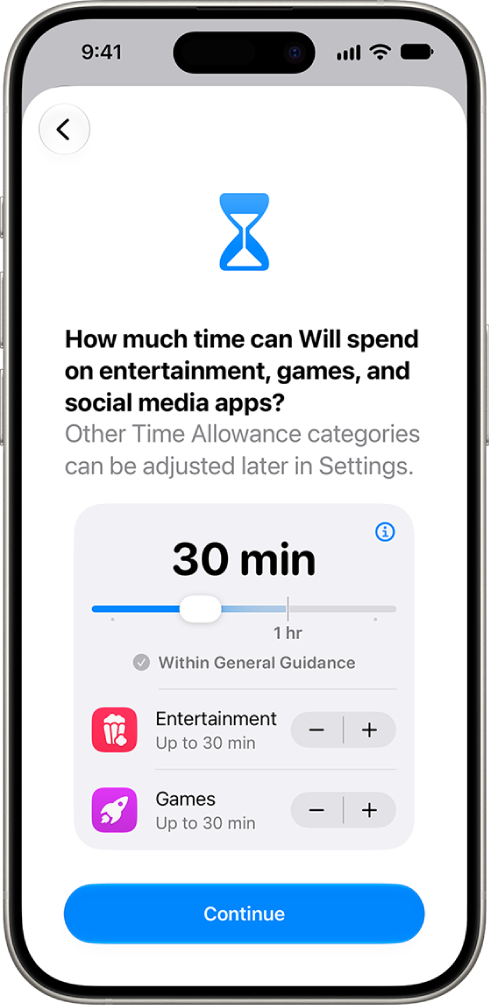The parental controls set up screen showing the amount time allowed in app categories like Social Media and Entertainment.