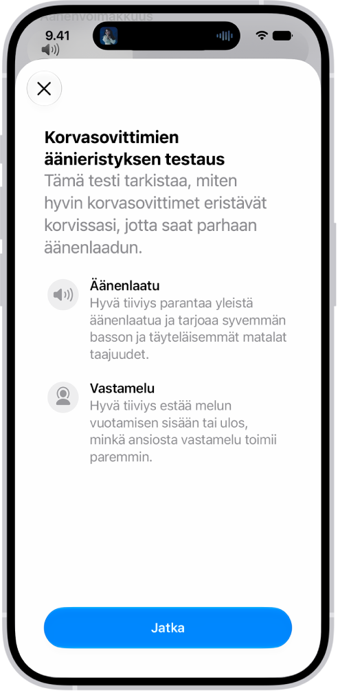 iPhonen näytöllä näkyy testi AirPods&nbsp;Pro&nbsp;3 ‑kuulokkeiden äänieristyksen mittaamiseen.