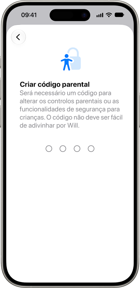 O ecrã de configuração dos controlos parentais com a opção para criar um código do tempo de ecrã.