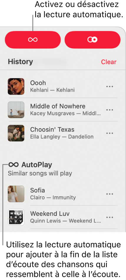 L’historique est visible dans le coin supérieur droit de la fenêtre d’Apple&nbsp;Music. La section de lecture automatique est également affichée.