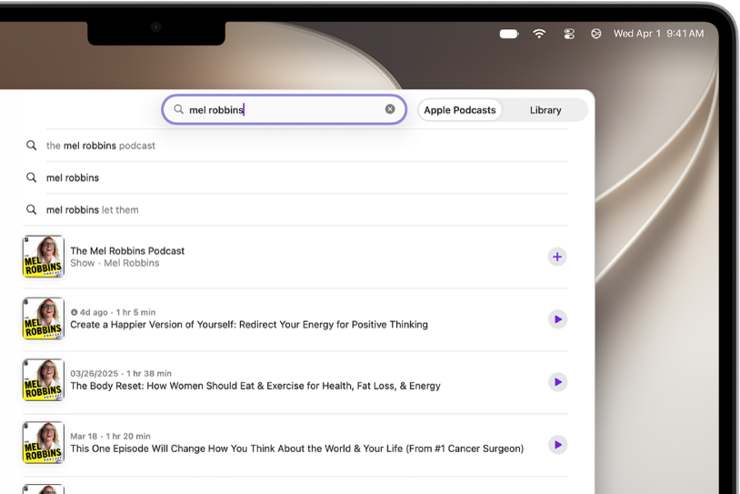 The Apple Podcasts window showing a search query and a list of search results.