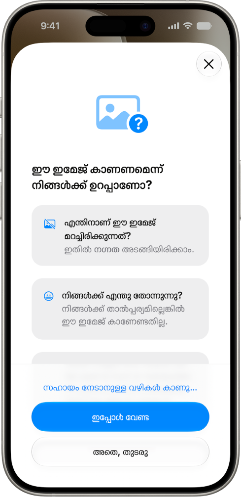 ഒരു ഇമേജ് സെൻസിറ്റീവ് ആയിരിക്കാമെന്ന മുന്നറിയിപ്പും സഹായം നേടാനുള്ള ഓപ്ഷനുകളും കാണിക്കുന്ന ‘ആശയവിനിമയ സുരക്ഷാ’ സ്ക്രീൻ.