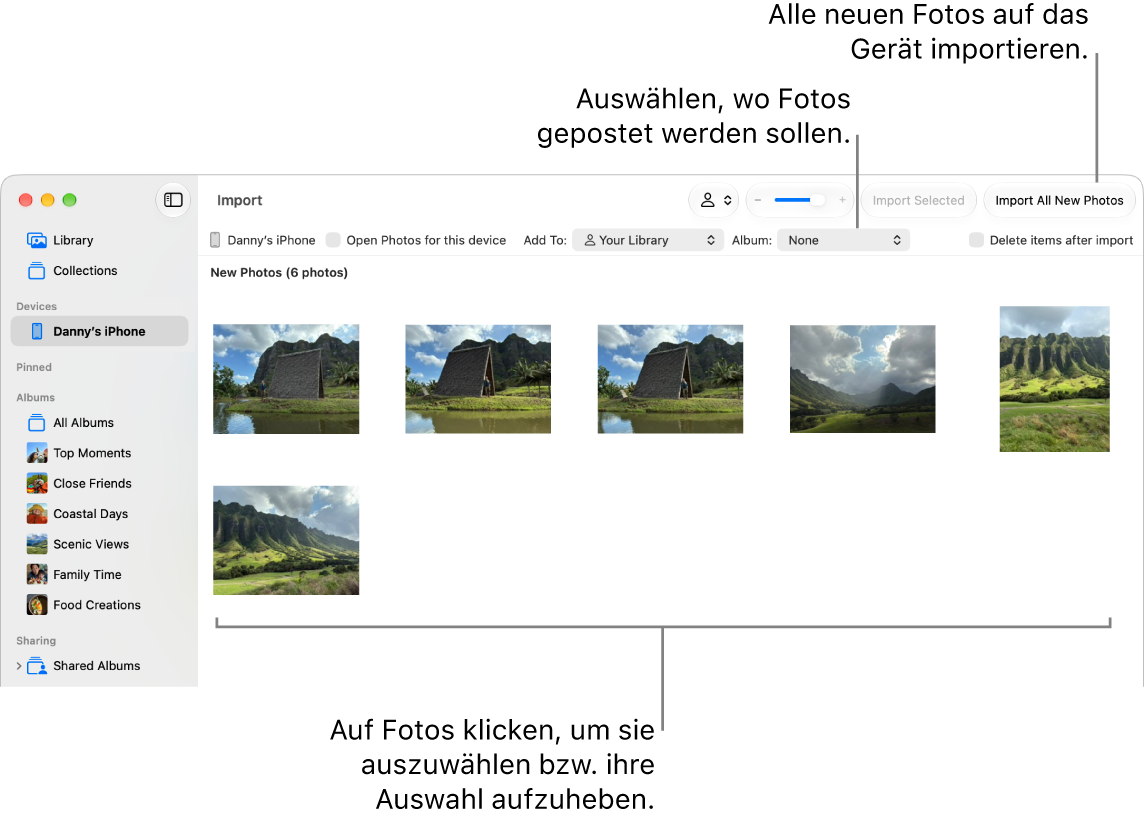 Das Fenster „Importieren“ in der App „Fotos“ auf dem Mac zeigt neue Fotos auf einem Gerät an. Oben in der Mitte befindet sich das Einblendmenü „Album“. Die Tasten für „Importieren“ befinden sich oben rechts.