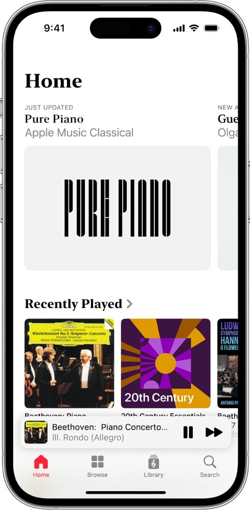 An iPhone showing the Home tab in Apple Music Classical. At the top of the screen is a featured playlist. Recently Played playlists are in the middle of the screen, and below those is the MiniPlayer, which shows the track that’s currently playing. At the very bottom of the screen are the Home, Browse, Library and Search buttons.