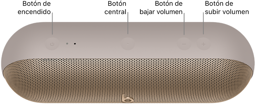 Imagen del altavoz Beats&nbsp;Pill que muestra dónde se encuentran, de izquierda a derecha, el botón de encendido, el botón central, el botón de bajar volumen y el botón de subir volumen en la parte superior del altavoz.