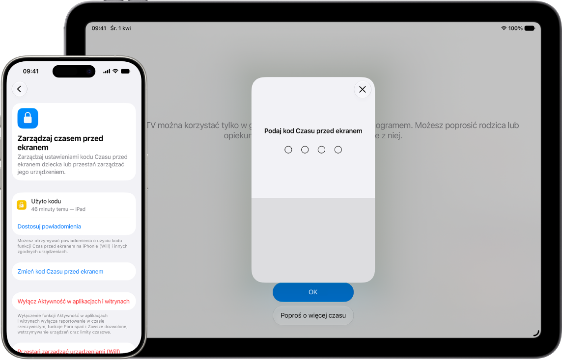 iPhone rodzica, na którym widoczne są opcje zarządzania ustawieniami funkcji Czas przed ekranem dla dziecka oraz kod Czasu przed ekranem. iPad dziecka, którego ekran jest zablokowany przez kod Czasu przed ekranem.