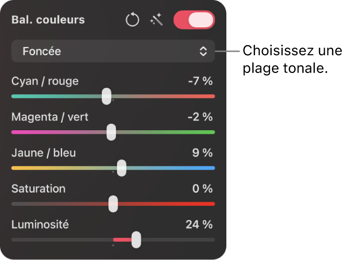 Les commandes «&nbsp;Bal. couleurs&nbsp;» dans la sous-fenêtre «&nbsp;Réglages des couleurs&nbsp;», comprenant des curseurs Cyan/Rouge, Magenta/Vert et Jaune/Bleu.
